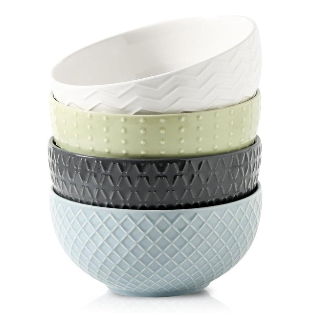 Hasense Soup Bowls 26 OZ, Ceramic Bowls Set of 4 for Kitchen, Embossed Stoneware Porcelain Cereal Bowls for Soup, Cereal, Oatmeal, Fruit, Salad, Noodle and Rice, Microwave Dishwasher Safe, Multi-color
