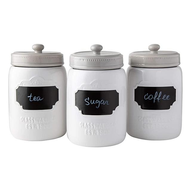 Mason Jar Ceramic Canister Set for Kitchen - Set of 3 Decorative Storage Containers with Air-Tight Lids for Coffee, Sugar & More - Country Style Storage w/Reusable Writable Surface - 12.85oz/Canister