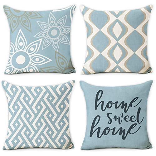 Hexagram Home Decorative Pillow Covers 18 x 18 Inch Set of 4 Blue Modern Geometric Soft Linen Throw Pillow Covers Cushion Case for Couch Sofa Living Room Patio Indoors Outdoors Style Home Decor