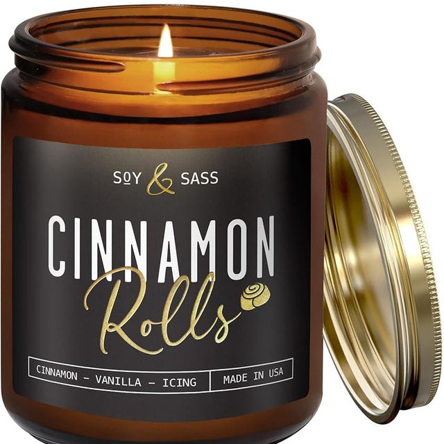 Cinnamon Candle, Fall Candles, Christmas Candles - 'Cinnamon Rolls' Autumn Scented Soy Candle for Home, 9oz Reusable Jar, 50Hr Burn, Made in USA