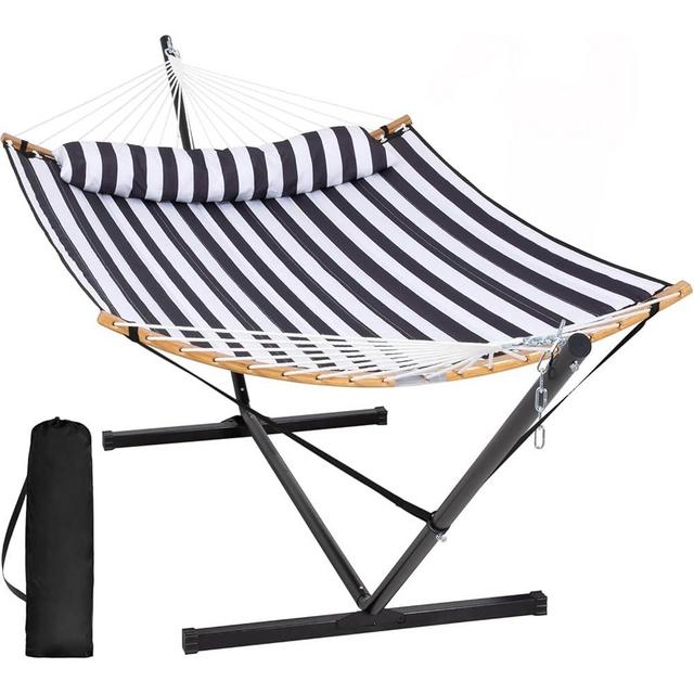 SUNCREAT Hammocks Extra Large Hammock with Stand Included, Double Hammock with Curved Spreader Bar, Black Stripes