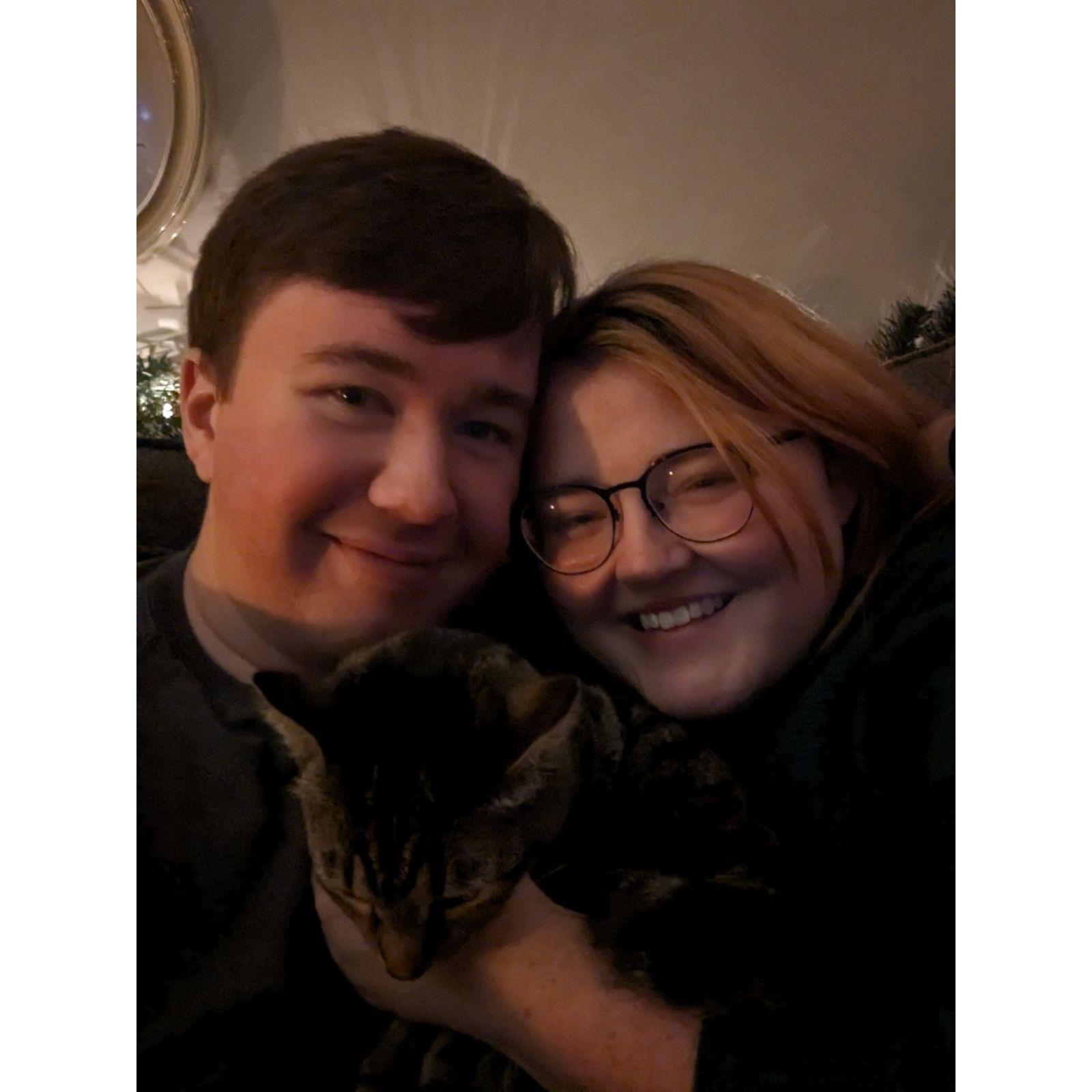 Ashley's extremely shy cat coming to cuddle with Matthew for the first time (this was a huge moment for Sprout because Matthew is her favorite person now)