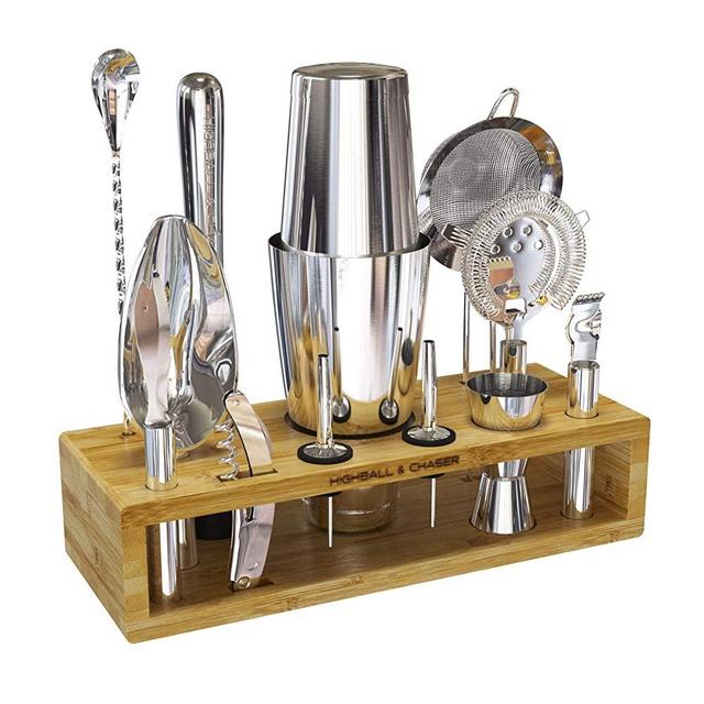 Highball & Chaser Premium Bartender Kit with Bamboo Stand Beautiful Cocktail Shaker Set with Highest Quality Bar Tools Stainless Steel Boston Shaker Bartender Kit with Stand (Natural)