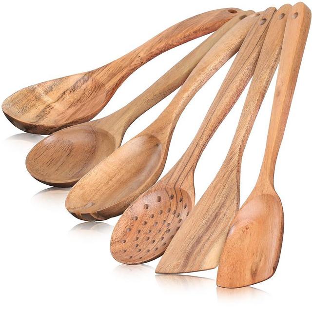 INTAJ Premium Teak Wooden Spoons for Cooking – 6-Piece Kitchen Utensils Set, Durable & Nonstick Safe, Eco-Friendly,Ergonomic Stir, Mix, Scrape & Serve – Ideal for Nonstick,Cast Iron & Ceramic Cookware
