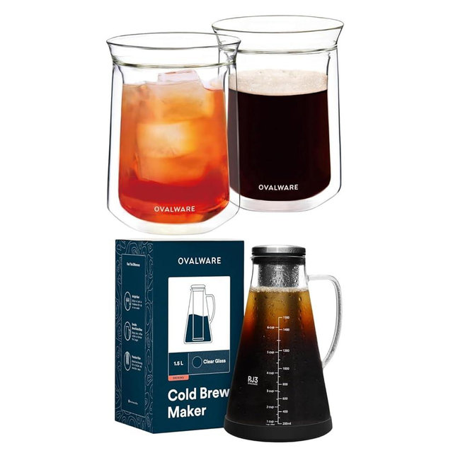 ovalware Double Wall Single Lip Insulated Glass Minimalistic Double Wall Drinkimg Mug with Airtight Cold Brew Iced Coffee Maker Pitcher RJ3 Brewing Glass Carafe with Removable stain