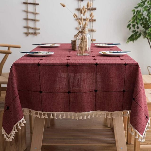 Pahajim Linen Rectangle Tablecloth Table Cloth Heavy Weight Cotton Linen Dust-Proof Table Cover for Party Table Cover Kitchen Dinning (Red, Rectangle/Oblong，55 x 71 Inch)