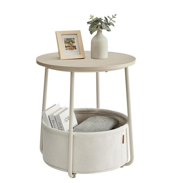 VASAGLE Small Round Side End Table, Modern Nightstand with Fabric Basket, Bedside Table for Living Room Bedroom, Cream White ULET223K67