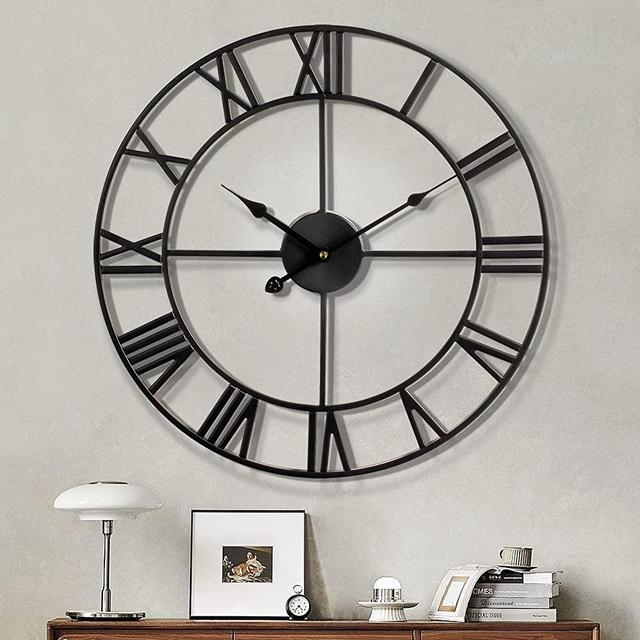 Large Wall Clock, Metal Retro Roman Numeral Clock, Modern Round Silent Wall Clocks, Easy to Read for Living Room/Home/Kitchen/Bedroom/Office/School Decor (Black, 32 Inch)
