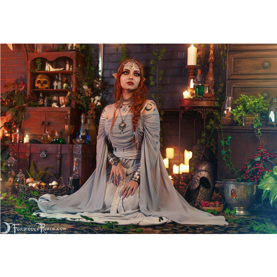Woodland Elf Priestess wearing Demeter Maxi Dress by Holy Clothing