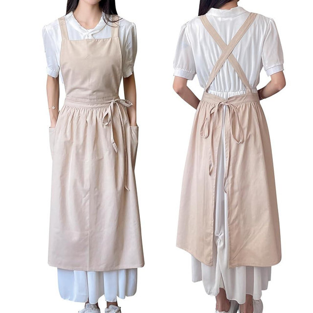TALIBSA Pinafore Apron Dress，Japanese Cotton Linen Cross Back Apron for Women with Pockets，Pinafore Dress with Waist Ties (Wheat)