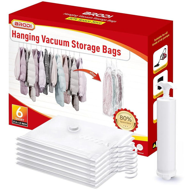 Hanging Vacuum Storage Bags For Clothes With Hand Pump,Coat Storage Bag Hanging,Vacuum Bags For Clothes,Space Saver Vacuum Storage Bags,Garment, Clothing, Dress, Suit, Long Coat, Jacket(Short 6 Pack）
