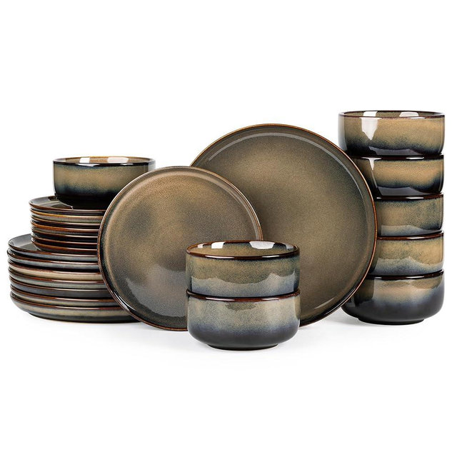TheTerra Ceramic Dinnerware Sets for 8, 24 Pieces Handmade Reactive Glaze Plates and Bowls Set, Scratch Resistant Dish Set, Oven & Microwave & Dishwasher Safe, Coca Mocha