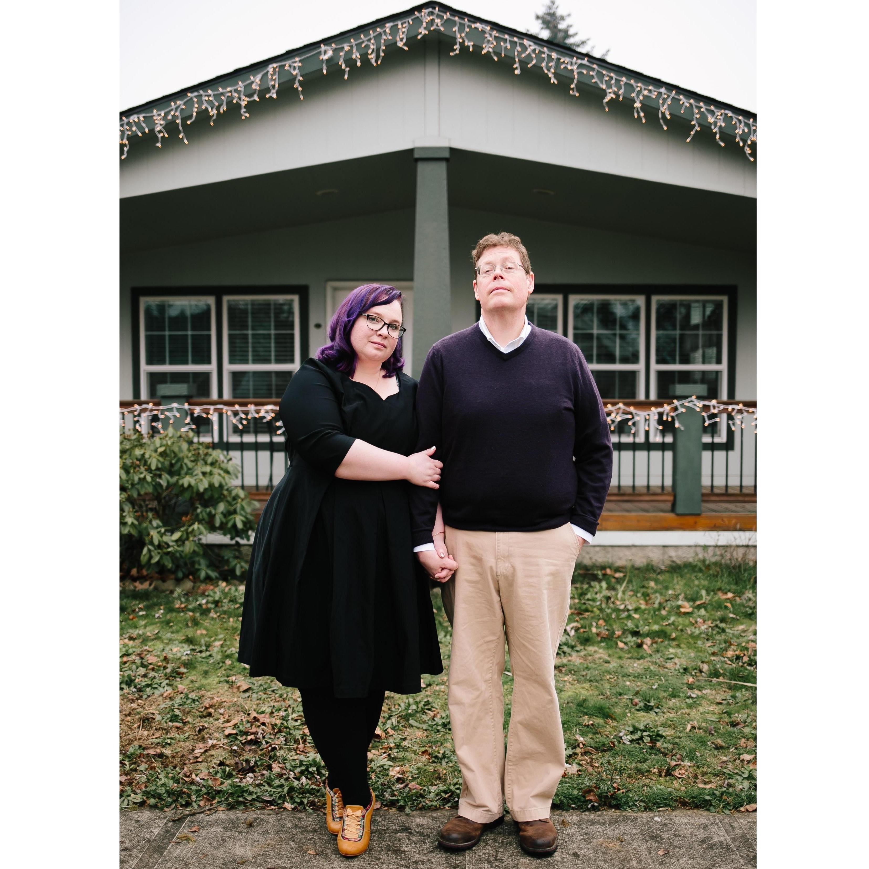 Tom and I in front of our house! Note the glorious Portland weather in the background