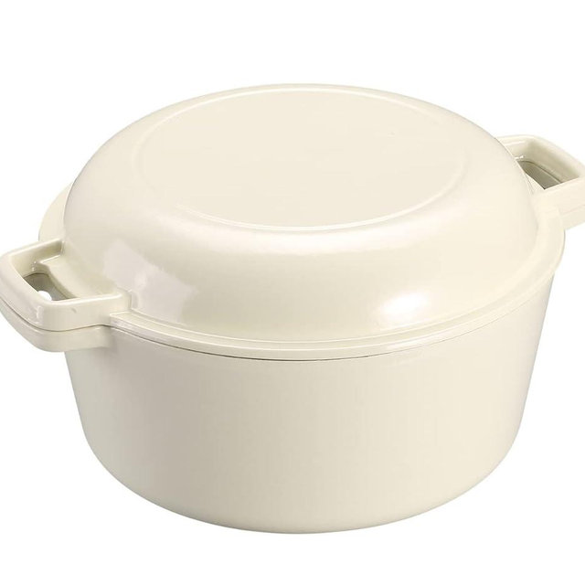 5.5 Quart Enameled Cast Iron Dutch Oven, 2-In-1 Enamel Oven with Skillet Lid for Grill, Stovetop, Induction (White)