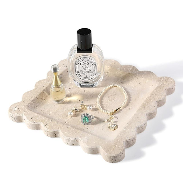 Travertine Decorative Tray, 7.8in Marble Vanity Tray with Scallop Edge, Square Bathroom Trays for Jewelry Perfume Coffee Kitchen Counter, Beige Stone Trinket Dish for Mom, Dresser Décor Gift
