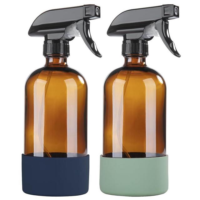 HOMBYS Empty Glass Amber Spray Bottles with Silicone Sleeve Protection - Refillable 16 oz Containers for Cleaning Solutions, Essential Oils, Misting Plants - Quality Sprayer -(2 Pack Amber)