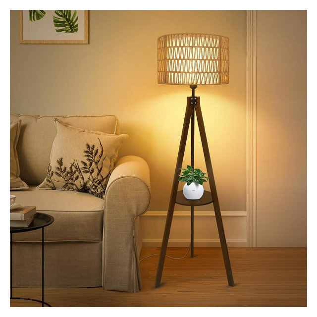 GDFStudio Charlotte Boho Wood Tripod Floor Lamp with Built-in Shelf and Double Shade, Brown