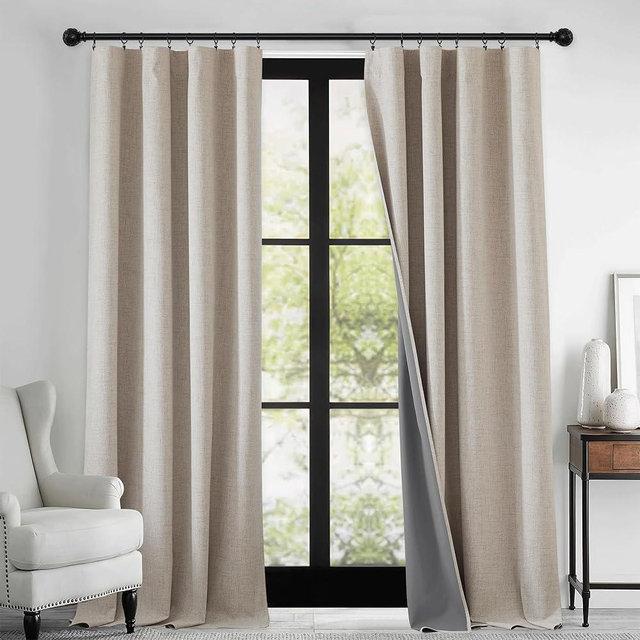RYB HOME Linen Textured 100% Blackout Curtains for Bedroom, Insulating Energy Saving Window Curtains for Living Room Dining Patio Sliding Glass Door, Wide 52 x Long 90 inch, Beige, 2 Panels