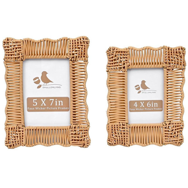 SwallowLiving Rattan Picture Frame 5x7 & 4x6, Boho & Farmhouse Style Rattan Photo Frames Set of 2 - Faux Wicker, Vertical Picture Frames for Desk, Tabletop Display Gift for Mom Grandma Family Friends