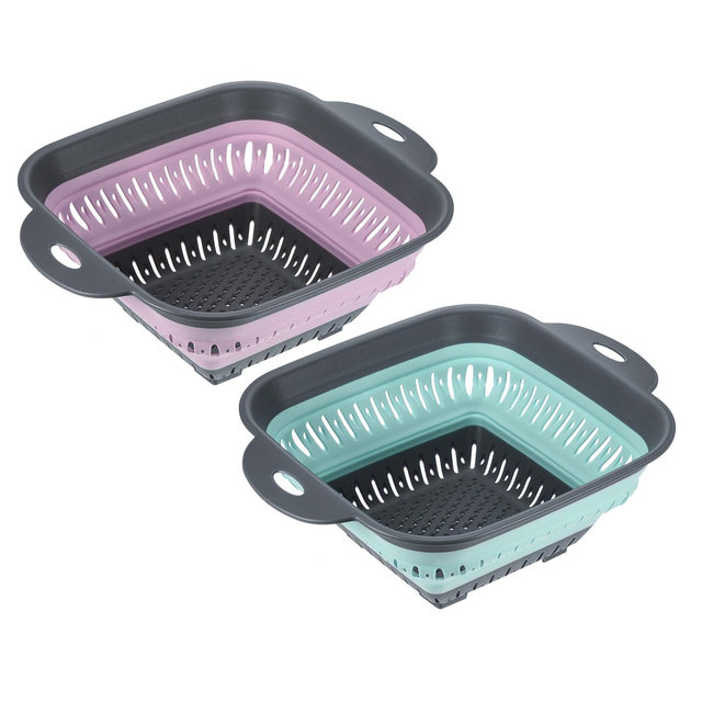 Unique Bargains Fruit Vegetable Washing Square Collapsible Silicone Colander with Handle 2 Pcs Green/Pink
