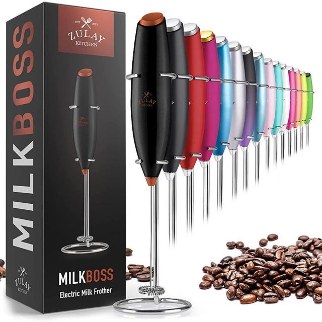 Zulay Original Milk Frother Handheld Foam Maker for Lattes - Whisk Drink Mixer for Coffee, Mini Foamer for Cappuccino, Frappe, Matcha, Hot Chocolate by Milk Boss (Black/Copper)