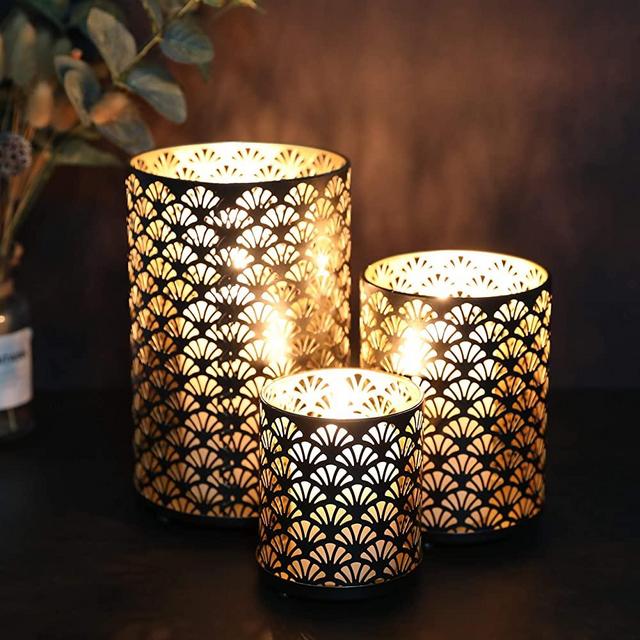 JHY DESIGN Set of 3 Metal Candle Holders Bronze Hurricane Pillar Candleholder Vintage Table Candlestick Holders Great Centerpieces for Home Decor Wedding Parties Events