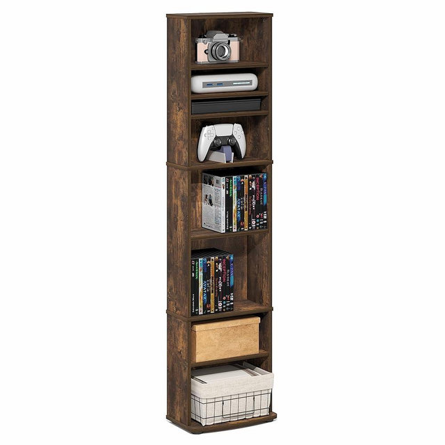 Furinno Jaya DVD Shelf, 8-Tier Tall Narrow CD Rack, Media Shelf with Adjustable Shelves, DVD Storage Cabinets for CD Blueray Game Disc, Easy Assembly, for Living Room, Home Office, Amber Pine