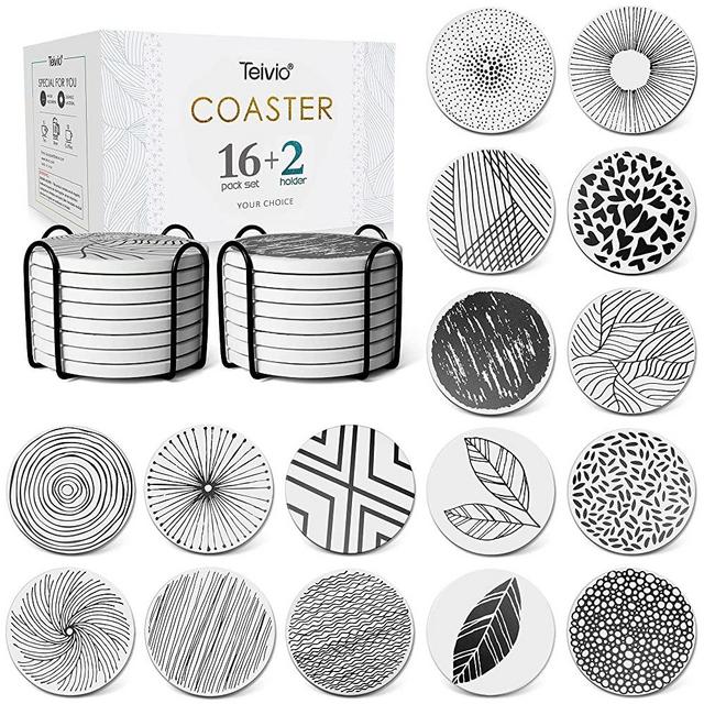 Absorbing Stone Coasters for Drinks Cork Base, with 2 Holder, for Housewarming, Apartment Kitchen Room Bar Decor, Suitable for Wooden Table, Set of 16 (Black)