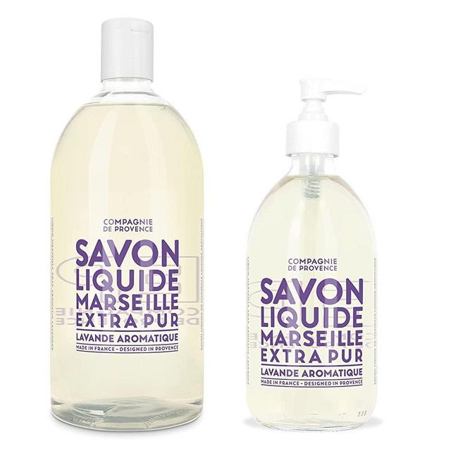 Compagnie de Provence Savon de Marseille Extra Pure Liquid Soap - Aromatic Lavender - 16.9 Fl Oz Glass Pump Bottle and 33.8 fl oz Plastic Bottle Refill
