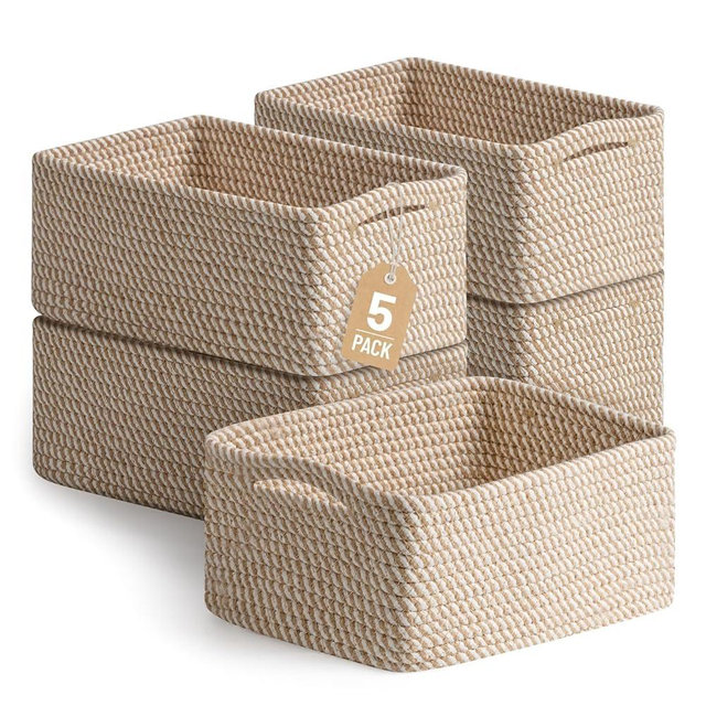 5 Pack Decorative Small Storage Baskets for Shelves, Cotton Rope Woven Basket for Organizing Bathroom, Nursery, Closet, Cabinet, Toys & Socks, Gift Baskets Empty, 11.8"x7.9"x4.7", Khaki