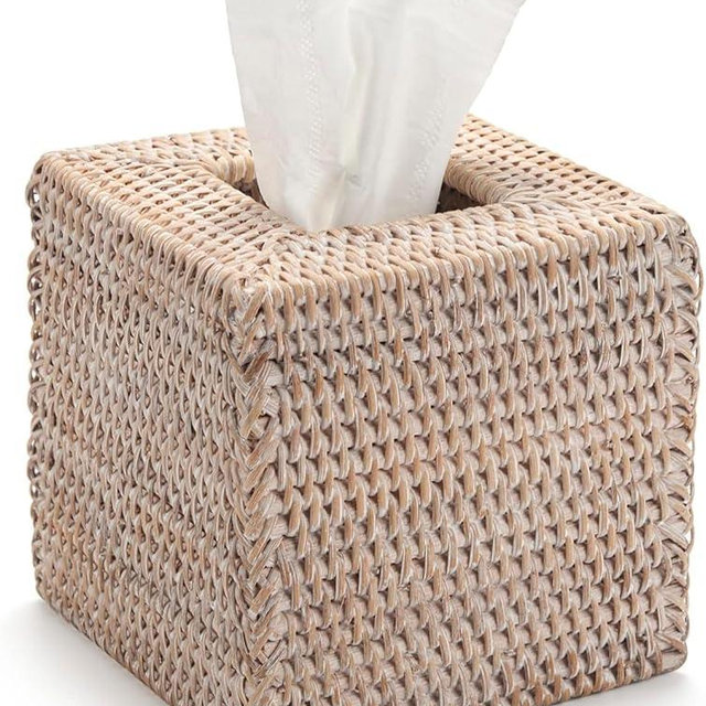 Rattan Tissue Box Cover Square, Wicker Tissue Box Holder, Decorative Woven Facial Tissue Holder for Bathroom, Kitchen, Living Room, Bedroom (Whitewash)