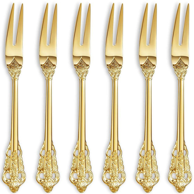 KEAWELL Luxury 6.3" Food Fork/Seafood Forks 18/10 Stainless Steel, Set of 6, Fruit Picks/Cocktail Forks/Charcuterie Accessories/Cocktail Picks for Appetizer, Cocktail, Pastry, Dessert (Gold)