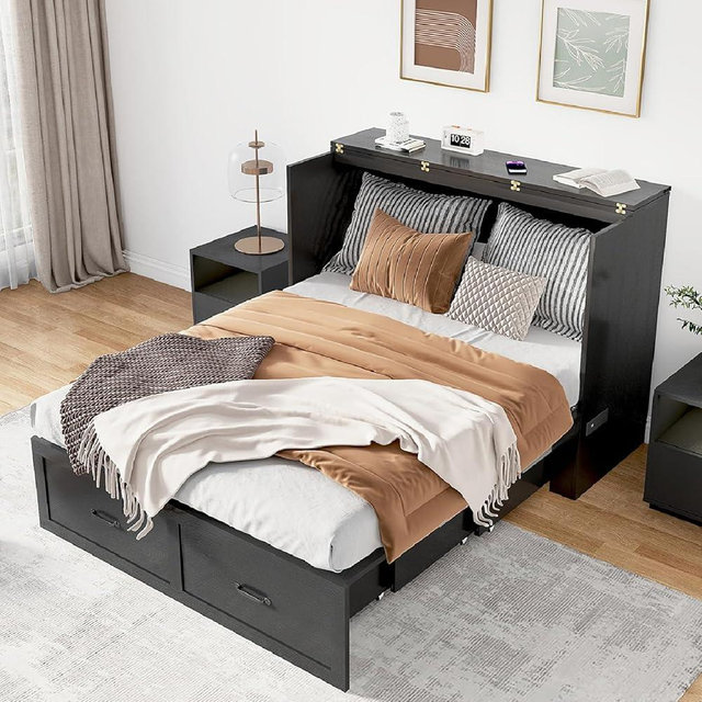 Hlivelood Queen Size Murphy Chest Bed with Drawer and Charging Station, Farmhouse Wood Space-Saving Hidden Folding Bed Chest, Multifunctional Storage Cabinet Beds for Bedroom, Office, Black