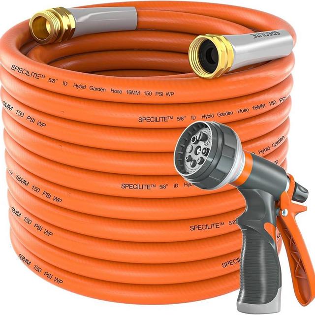 SPECILITE Garden Water Hose 200 ft x 5/8 in Heavy Duty, Flexible and Lightweight, Burst 600 psi, Kink-less Hybrid Rubber Pipe for Backyard, 3/4'' Brass Fittings, Orange