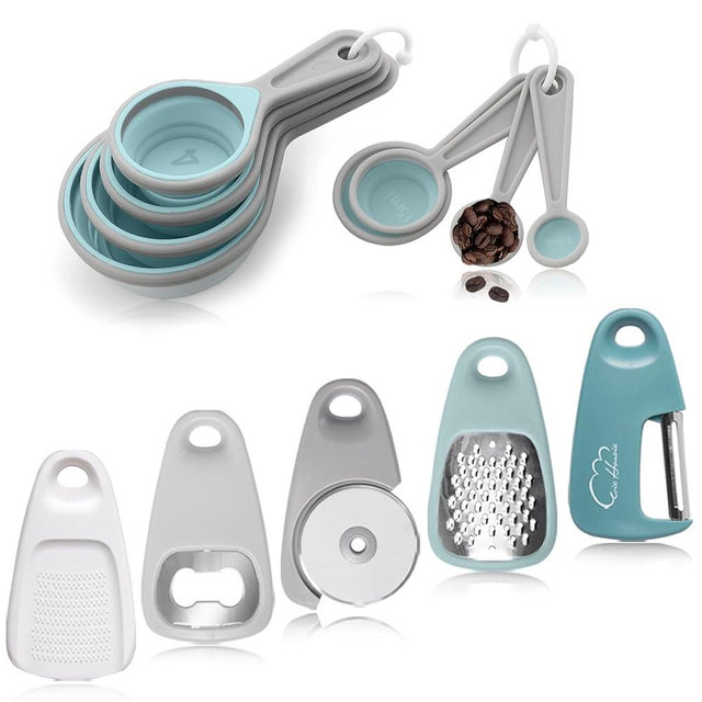 Kitchen Gadgets Set 13 Piece, Space Saving Cooking Tools Includes Cheese Grater, Pizza Cutter, Peeler, Bottle Opener, Garlic Grinder, Collapsible Measuring Cups Spoons for Small Kitchen RV Camp