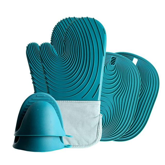 HUAWOHOM Silicone Oven Mitts and Pot Holders Pinch Grips 6pcs Sets,Kitchen Mittens with Oven Gloves and Hot Pads for Baking Cooking 500°F,Quilted Liner,Gift Packed (Green and Teal)