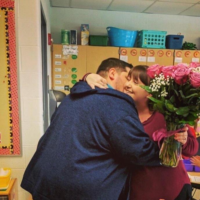 Dominik surprised me while at work. It was Valentine's Day and we were having our classroom party. Not pictured is the gigantic teddy bear that Dominik brought in that my students all loved!