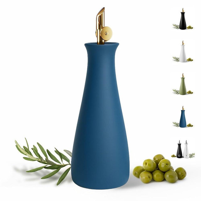 Ceramic Olive Oil Dispenser with Self-Closing Gold Spout - 530 ML Capacity Matte Blue Ceramic Oil Dispenser for Kitchen - Leak Proof EVOO Dispensing Bottle - Stylish, Ergonomic, Durable, Easy Pour