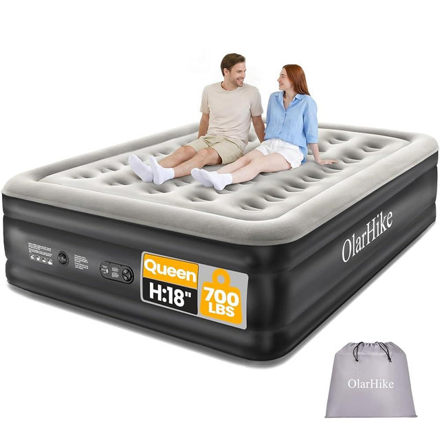 OlarHike Air Mattress Queen with Built in Pump, Black Inflatable Mattress Blow up Mattress, 18" Colchones Inflables Foldable Air Bed for Guest & Home, Ideal for Camping, 700lbs