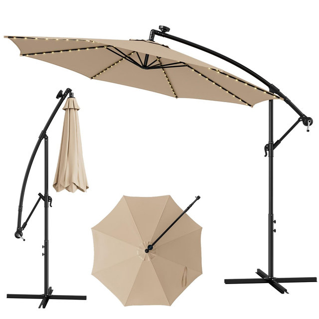 Costway 10FT Patio Solar-Lighted 112 LED Cantilever Offset Umbrella Crank Tilt Outdoor Beige