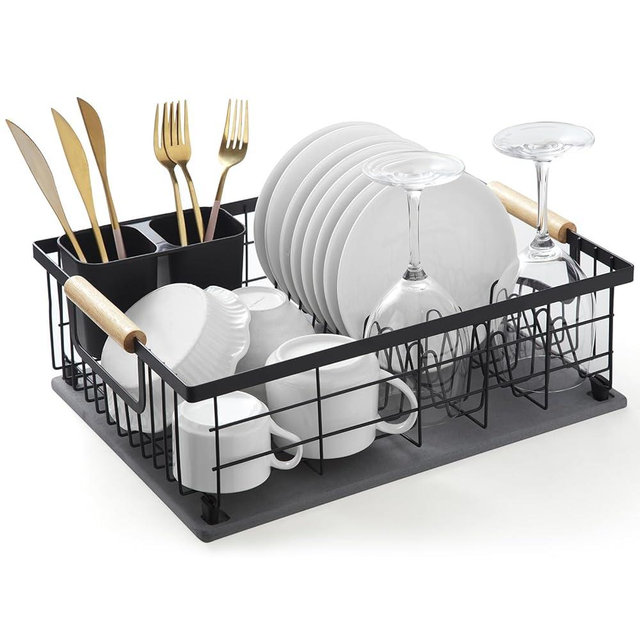 Lalaunicky Dish Drying Rack with Stone Drying Mat, Diatomaceous Earth Dish Drying Mat for Kitchen Counter, Absorbent Dish Drainers with Cutlery Holder