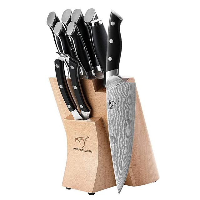 Kitchen Damascus Knife Set, 9-Piece Kitchen Knife Set with Block, ABS Ergonomic Handle for Chef Knife Set, Knife Sharpener and Kitchen Shears, Beechwood Block