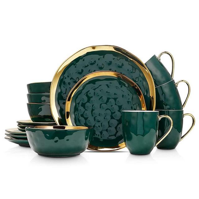 Stone Lain Porcelain 16 Piece Dinnerware Set, Service for 4, Green and Golden Rim