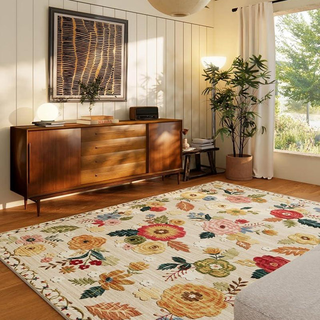 Machine Washable Area Rugs for Bedroom: 5'x7' Living Room Rug Floral Vintage Large Rug Stain Resistant Non Slip Low Pile Faux Wool Soft Rugs for Dining Room Bedside Kitchen Entryway Nursery Office