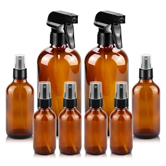 Glass Spray Bottles, 16oz2+4oz2+2oz4 Refillable Containers, Empty Boston Round Bottles with Adjustable Nozzle for Cleaning, Gardening, Aromatherapy, Pets, Plant, Hair -Amber