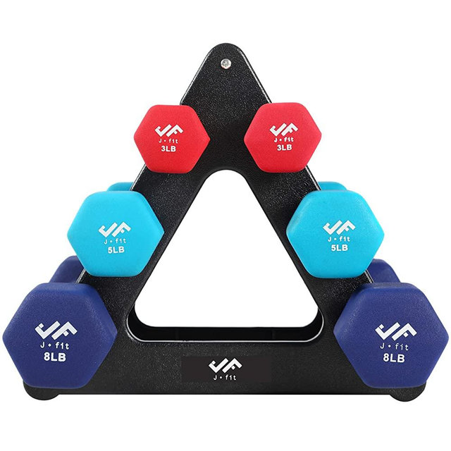 JFIT Dumbbell Pairs and Sets – 8 Vinyl Dumbbell PAIRS options or 5 Neoprene Dumbbell rack SET options – Premium Non-Slip, Color Coded Hex Shaped Hand Weights – Gym, Pilates, Strength Training Workouts