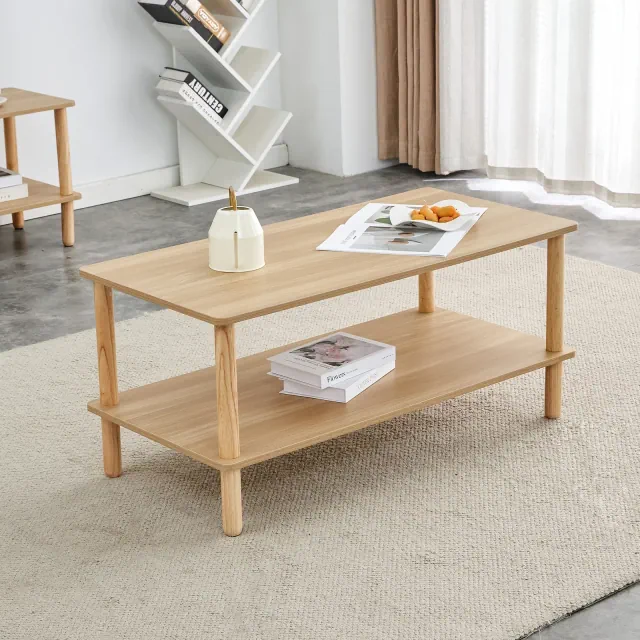 Modern 2-Tier Coffee Table for Living Room Furniture, Center Table with Open Storage Shelf, Rounded Rubberwood legs, Wood Color 39.3*19.6*18in