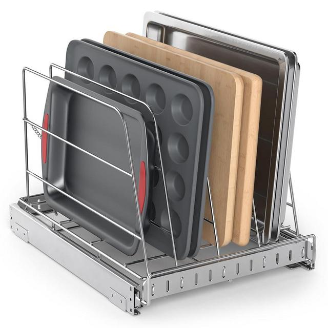 Pull Out Cabinet Organizer for Cutting Board, Cookie Sheet, Baking Sheet, Stainless Steel Sliding Rack for Bakeware & Trays, Heavy-Duty Cutting Board Organizer (12.9” x 16.5” (32.6 x 41.8 cm))
