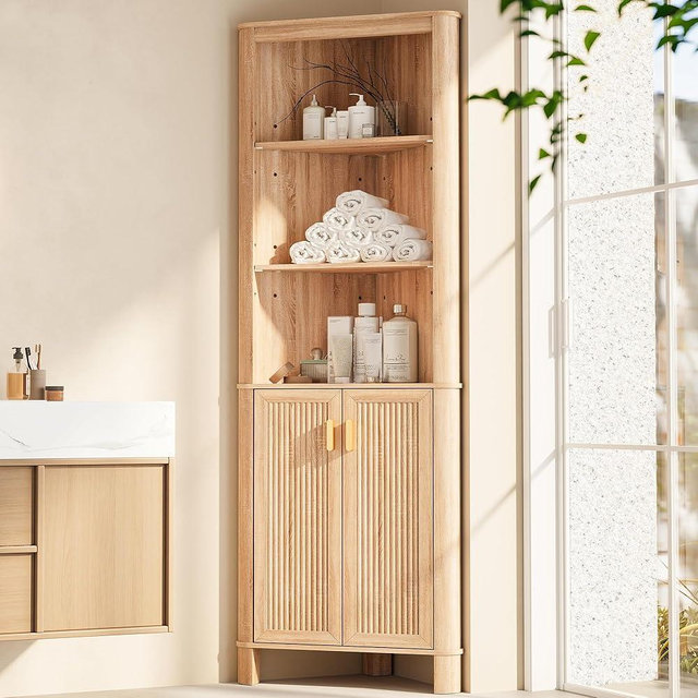 INNOD 69" Tall Corner Shelf with Doors, 6-Tier Corner Storage Cabinet with Doors, Space Saver Shelf for Bathroom, Bathroom Floor Cabinet for Living Room Kitchen, Hallway