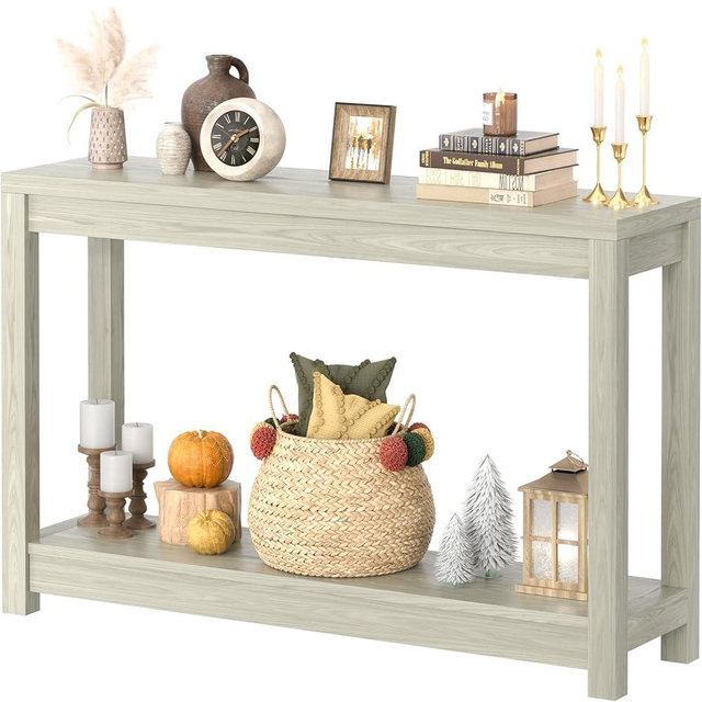 Besiost 47" Farmhouse Wood Entryway Table Narrow Console Table with Storage Behind Couch Sofa Table with Shelves Entry Way Table with Open Storage, Easy Assembly, Classical Washed Oak